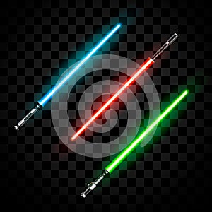 Set of futuristic light swords. Abstract fantasy saber. Vector illustration isolated on dark background