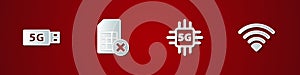 Set 5G modem, Sim card rejected, Processor and Wi-Fi wireless network icon. Vector