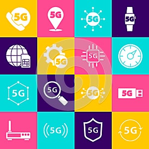 Set 5G network, modem, Digital speed meter, Setting, Globe Sim Card, Phone with and Processor icon. Vector