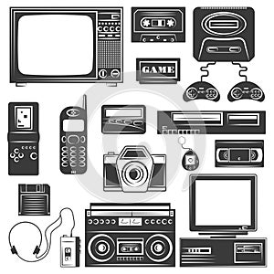 Set of gadget of 90s monochrome icons, design elements isolated on white background