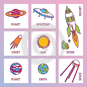 Set of galaxy cosmic elements astronaut, earth, satellite, comet, planet, sun, rocket and meteorite univerce vector