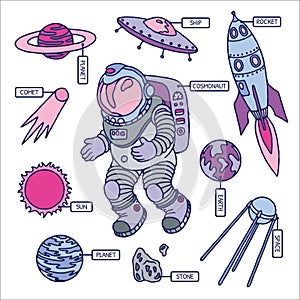 Set of galaxy cosmic elements astronaut, earth, satellite, comet, planet, sun, rocket and meteorite univerce vector