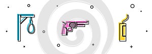 Set Gallows, Revolver gun and Dynamite bomb icon. Vector