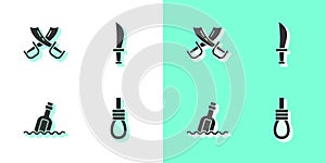 Set Gallows rope loop hanging, Crossed pirate swords, Bottle with message water and Pirate icon. Vector
