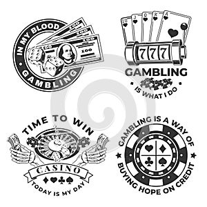 Set of gambling vintage print, logo, badge design with wheel of fortune, two dice, skeleton hand holding dollar, poker