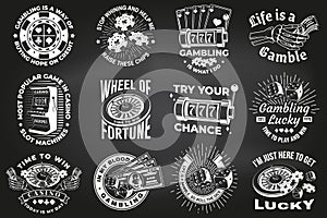 Set of gambling vintage print, logo, badge design with wheel of fortune, two dice, skeleton hand holding dollar, poker