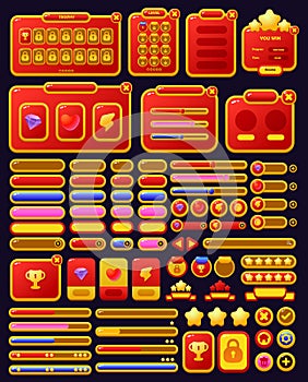 Set of game assets menu buttons popup screens and settings buttons red and yellow