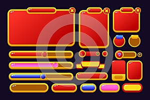 Set of game assets menu buttons popup screens and settings buttons red and yellow