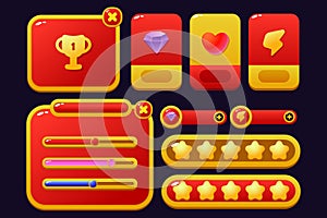 Set of game assets menu buttons popup screens and settings buttons red and yellow