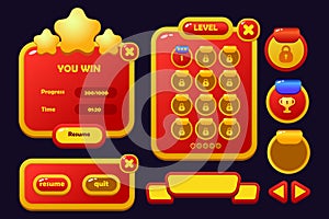 Set of game assets menu buttons popup screens and settings buttons red and yellow