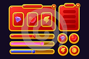Set of game assets menu buttons popup screens and settings buttons red and yellow
