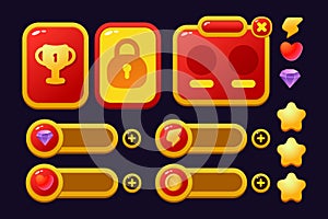 Set of game assets menu buttons popup screens and settings buttons red and yellow