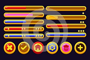 Set of game assets menu buttons popup screens and settings buttons red and yellow