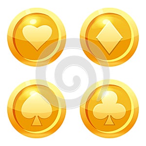 Set game coins card suits of clubs, hearts, diamonds, spades gold icon, game interface, gold metal. For web, game or