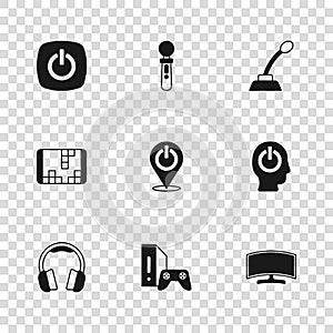 Set Game console with joystick, Power button, Computer monitor, Microphone, VR controller game and Portable video icon