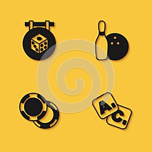 Set Game dice, Bingo, Casino chips and Bowling pin and ball icon with long shadow. Vector