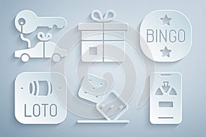 Set Game dice, Bingo, Lottery ticket, Lucky wheel on phone, Gift box and Car gift icon. Vector