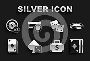 Set Game dice, Casino chips, Deck of playing cards, Briefcase and money, Playing with spades, and Credit icon. Vector