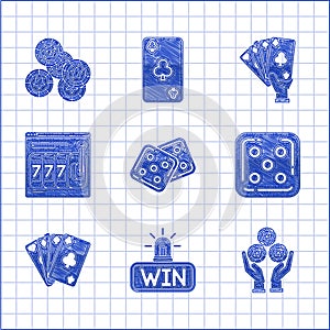 Set Game dice, Casino win, Hand holding casino chips, Playing cards, Online slot machine with lucky sevens jackpot