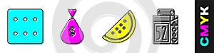 Set Game dice, Money bag, Casino slot machine with watermelon and Deck of playing cards icon. Vector