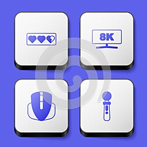 Set Game life bar, Computer monitor, mouse and VR controller game icon. White square button. Vector
