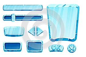 Set game menu assets ice buttons, interface elements 2d in cartoon style isolated. Blocks, shapes frozen gui panels