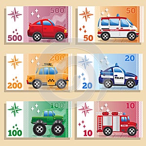 A set of game money with the with the image of cars.