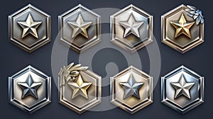 This is a set of game rank icons isolated on dark blue background. Set of hexagonal silver, platinum, or steel medals