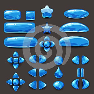 Set game ui. Complete blue menu of graphical user interface GUI to build 2D games. Casual Game. Vector.