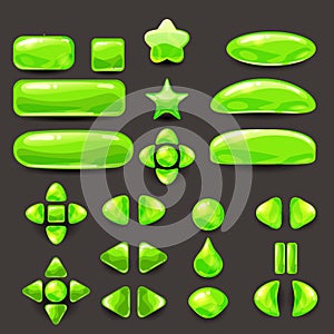 Set game ui. Complete green menu of graphical user interface GUI to build 2D games. Casual Game. Vector.