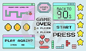 Set of game user interface elements, pixel style, retro games, picel coin, stars. Design concept for websites and applications in