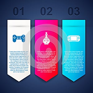 Set Gamepad, Bottle with magic elixir and Portable video game console. Business infographic template. Vector