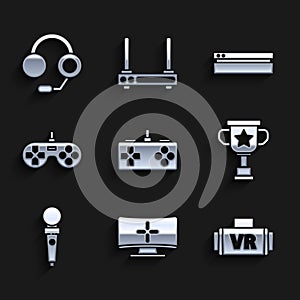 Set Gamepad, Computer monitor, Virtual reality glasses, Award cup, Joystick for arcade machine, Video game console and