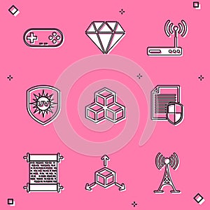 Set Gamepad, Diamond, Router and wi-fi, UV protection, Isometric cube and Document icon. Vector