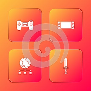 Set Gamepad, Portable video game console, Computer network and Sword for icon. Vector