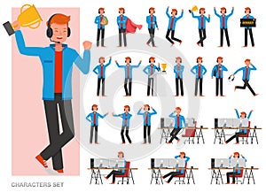 Set of The gamer man character vector design. Presentation in various action with emotions, running, standing and walking