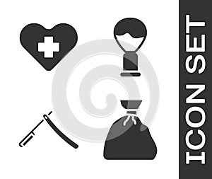 Set Garbage bag, Heart with a cross, Straight razor and Shaving brush icon. Vector