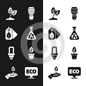 Set Garbage bag with recycle, Tag leaf, Plant, LED light bulb, in pot, Label for eco healthy food and hand icon. Vector