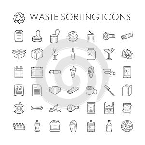 Set of garbage separation recycling related waste sorting outline icons vector.