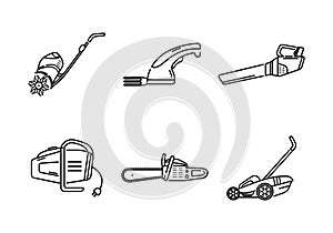 A set of garden electric tools. Garden icons. Logo Lineart