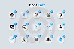 Set Garden fence wooden, Apple, Fruit tree, hose, Spray against insects, Cloud with rain and Gardening scissors icon