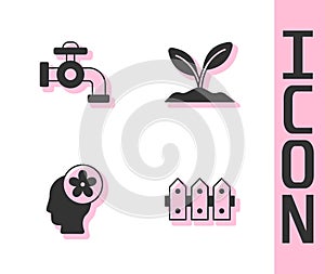 Set Garden fence wooden, Water tap, Human head with flower inside and Sprout icon. Vector