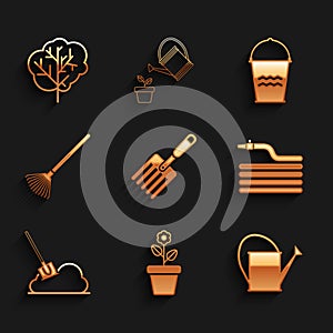 Set Garden fork, Flower in pot, Watering can, hose fire hose, Shovel the ground, rake leaves, Bucket and Tree icon