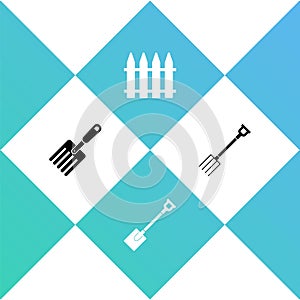 Set Garden fork, shovel, fence and pitchfork icon. Vector