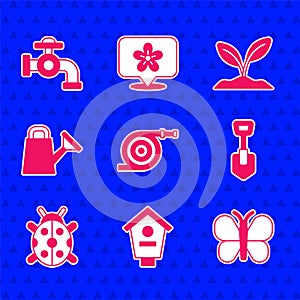 Set Garden hose, Bird house, Butterfly, Shovel, Ladybug, Watering can, Sprout and tap icon. Vector