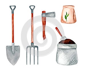 Set of garden items in hand drawn style. Various agricultural and garden tools for spring work
