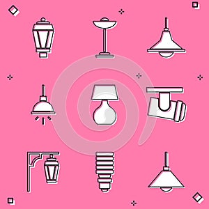 Set Garden light lamp, Floor, Chandelier, Table, Led track lights lamps, Vintage street and LED bulb icon. Vector