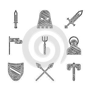 Set Garden pitchfork, Crossed medieval spears, Medieval axe, Monk, Shield, flag, sword and icon. Vector
