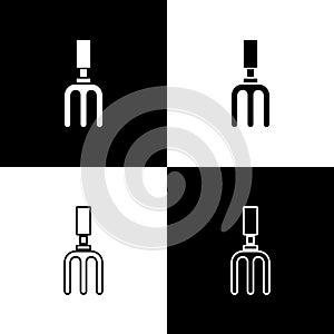 Set Garden rake icon isolated on black and white background. Tool for horticulture, agriculture, farming. Ground