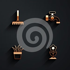 Set Garden rake, Water tap, Plant in pot and Flower icon with long shadow. Vector